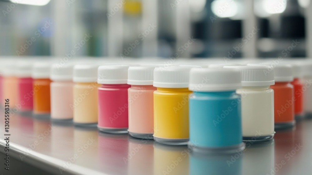 Aufkleber A row of small paint bottles with varying colors arranged neatly