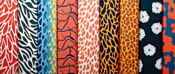 Various textured fabrics displayed in vibrant colors and patterns
