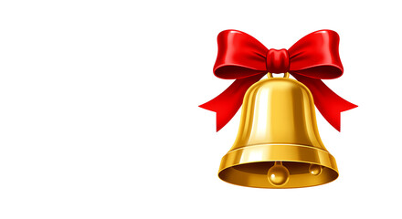 golden Christmas bell tied with a red ribbon, shiny metallic surface