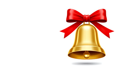 golden Christmas bell tied with a red ribbon, shiny metallic surface