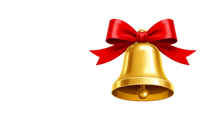 golden Christmas bell tied with a red ribbon, shiny metallic surface