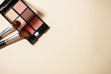 Make up palette and cosmetic brushes at pastel background with hard shadows.