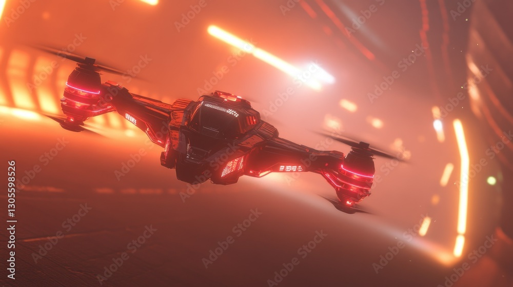 Poster a red futuristic drone is hovering in a bright orange environment