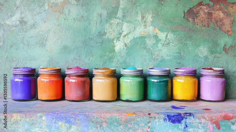 Poster various colors of paint are arranged in jars on a surface
