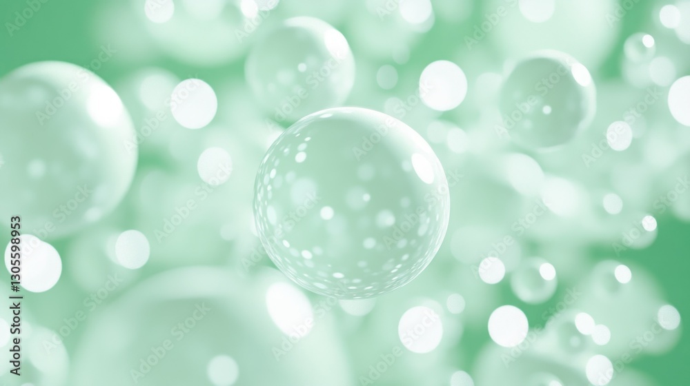 Poster floating spheres with highlights in a soft green background
