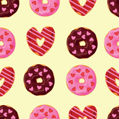 Seamless pattern with glazed heart donuts. Pink colors. Girly. Sweet background
