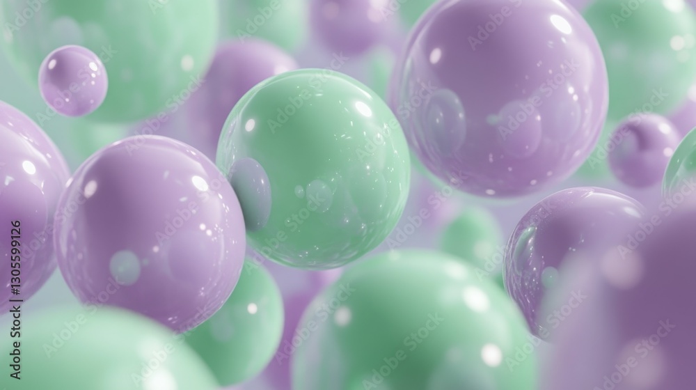 Poster Floating shiny glossy bubbles of varying colors in the image