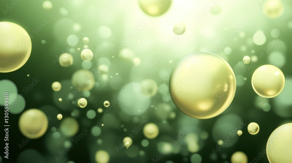 Poster floating golden spheres against a blurred green background creates a bokeh effect