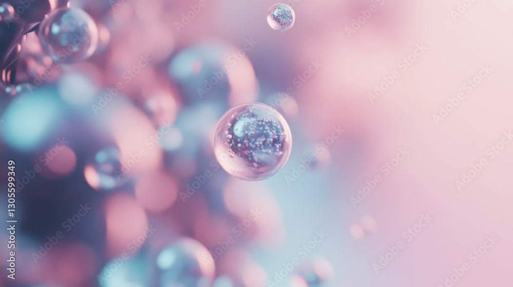 Poster floating glass spheres are suspended against a soft diffused background