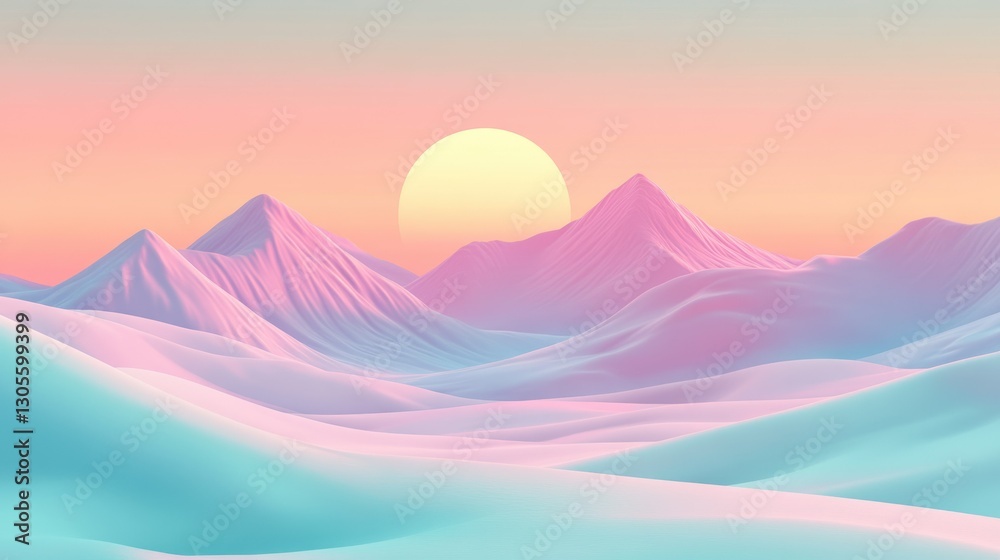 Poster a stylized sunrise over colorful mountain ranges and undulating terrain