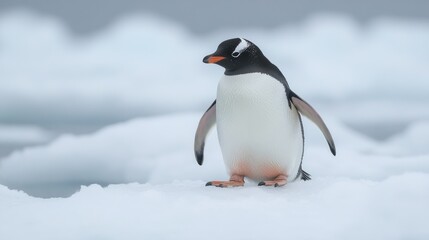 Naklejka premium A Gentoo penguin stands on ice looking leftward at its surroundings