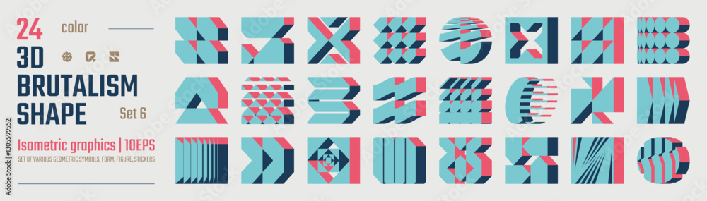 Aufkleber 3d color postmodern abstract geometric graphic elements, brutalist vector shapes, refraction and dis
