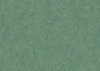 Hand-drawn unique abstract symmetrical seamless ornament. Dark semi transparent green on a light cold green background color. Paper texture. A4. (pattern: p13-2a)