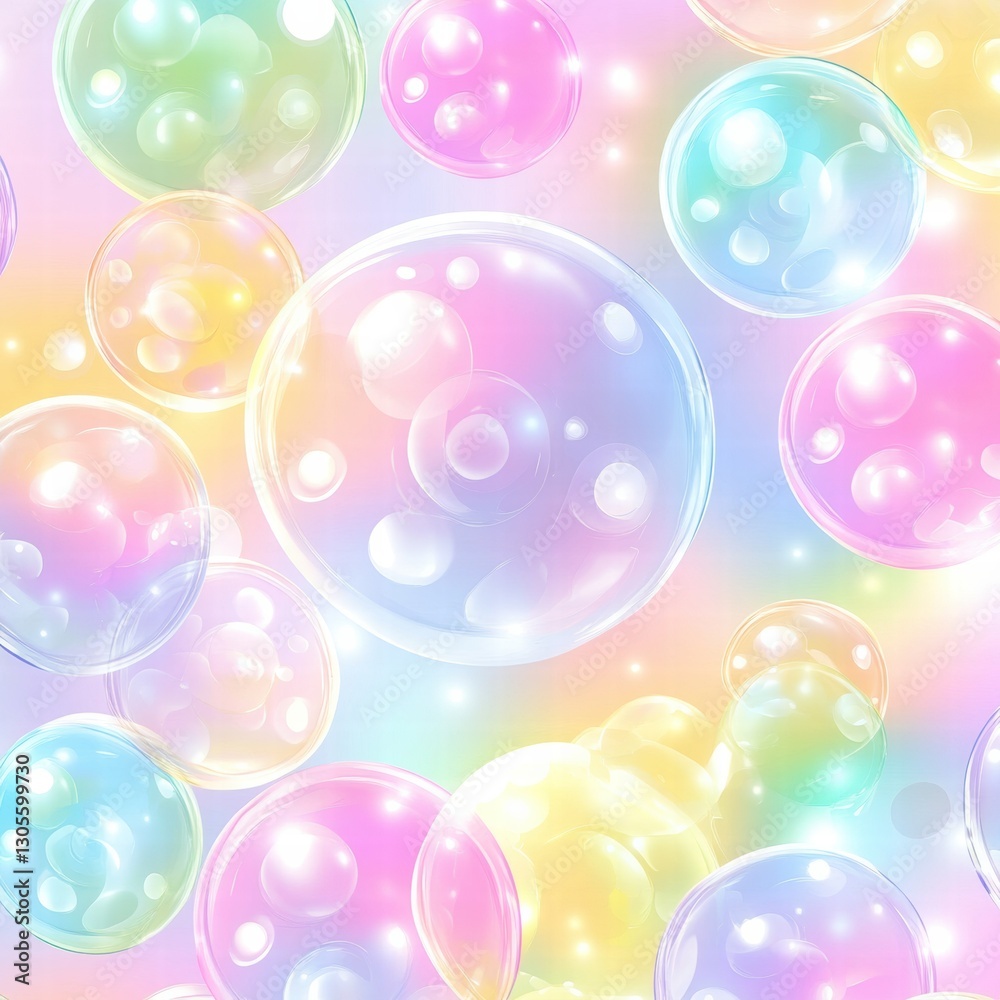 Poster Colorful soap bubbles create a playful pattern in soft pastel tones perfect for whimsical designs. Generative AI