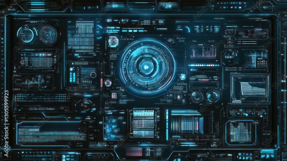 Poster Futuristic computer interface shows complex data and graphics displays