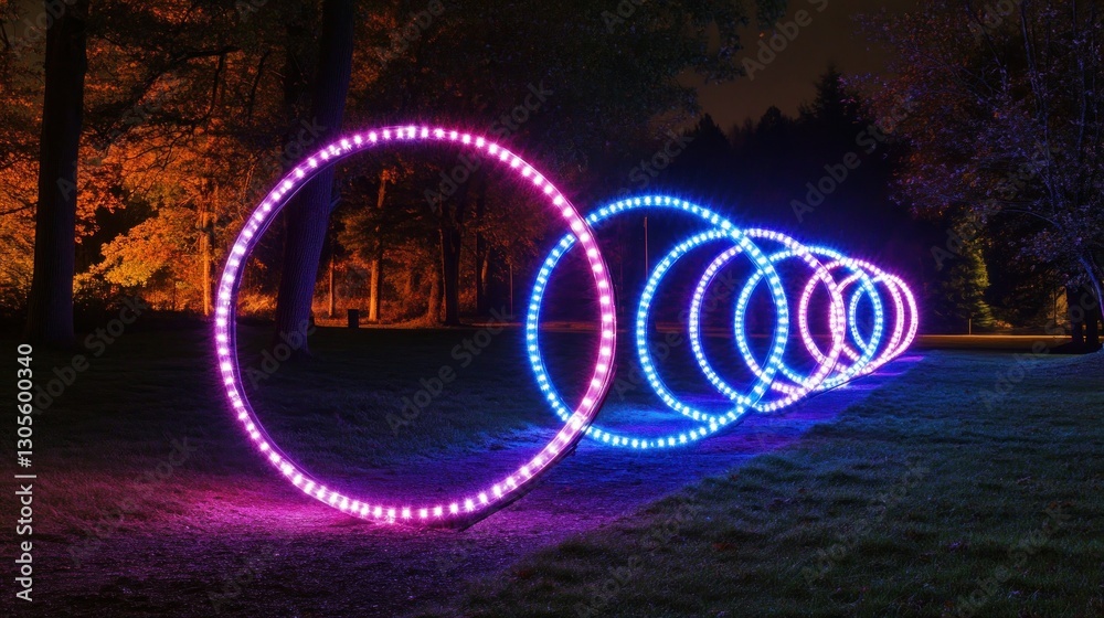 Poster Illuminated rings create an artistic display in a dark park setting