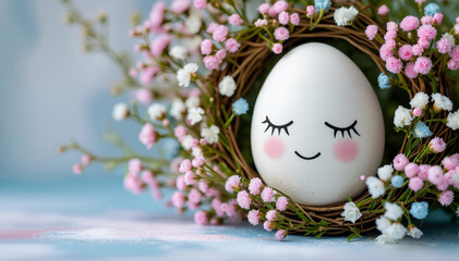 happy Easter egg with cute faces in floral wreath crowns on brown burlap background. Easter eggs with flowers and sleepy eyes in flowers. Happy Easter concept
