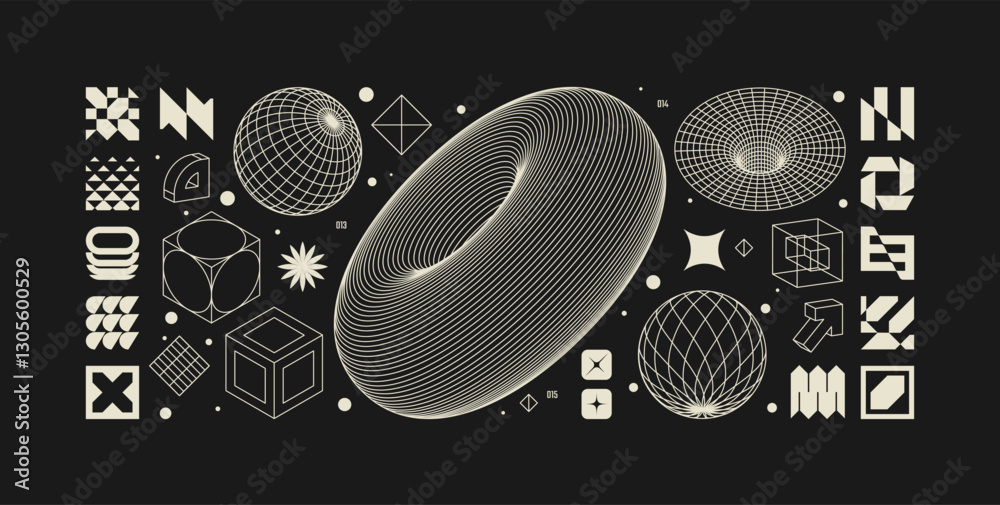 Poster vector graphic assets kit acid style, postmodern abstract geometric shapes with wireframe elements o