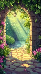 Obraz premium A beautiful stone archway leads into a sunlit forest path