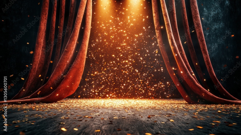 Poster stage curtains open to reveal sparkling golden confetti and lighting