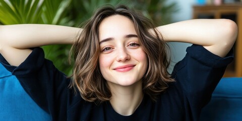 Fototapeta premium A young woman with curly, shoulder-length hair smiles brightly as she relaxes on a blue couch in her cozy living room. Soft sunlight highlights her joyful expression, enhancing the serene atmosphere
