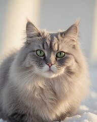 Captivating Gaze of a Fluffy Cat with Strikingly Intense Green Eyes in Soft Winter Light.