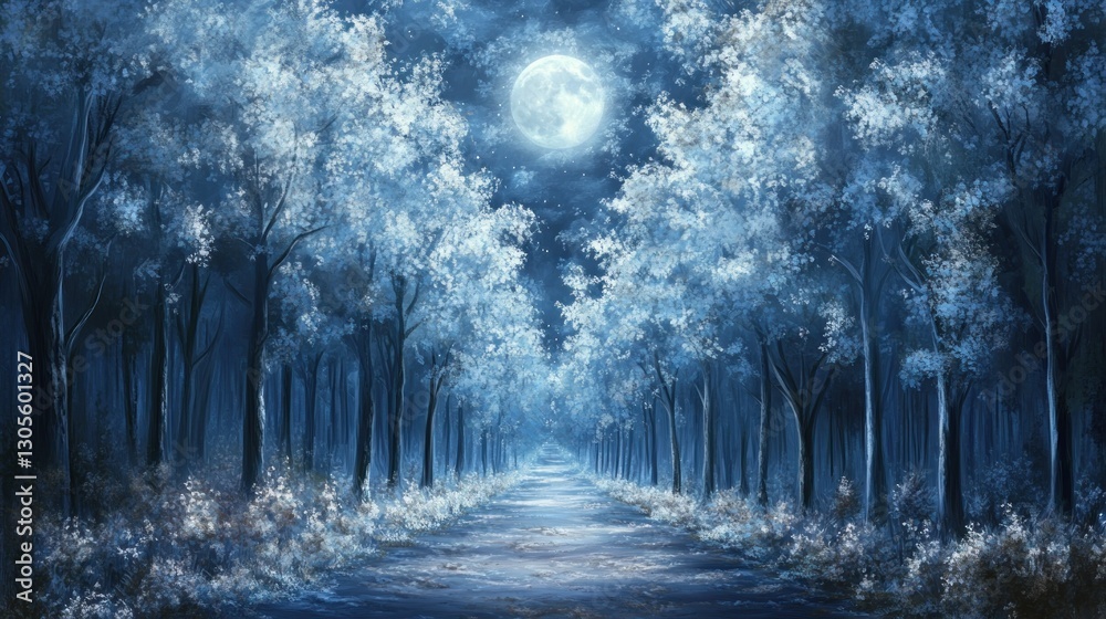 Poster an illuminated forest path under a large bright moon above