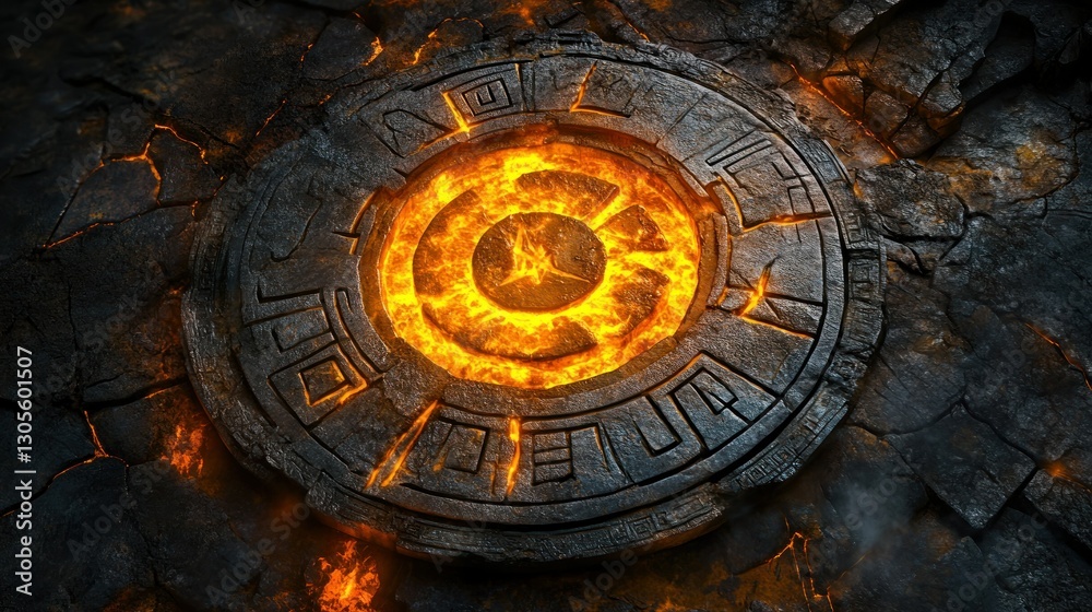 Poster burning stone portal with ancient symbols and fiery glowing core