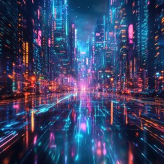 Obraz premium A futuristic city alleyway glows with vibrant electric light reflections