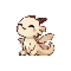 Pixel dragon vector icon. Cute cartoon dragon. Baby dragon. Mythical creature blue dragon. Baby dragon with wings. Vector 2d icon of a dragon for games.