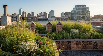 Fototapeta premium Lush green rooftop garden with wildflowers and insect hotels, overlooking a modern cityscape with skyscrapers and clear blue sky, concept for urban sustainability, green living and environmental