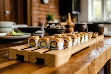 Sushi is on the table. Beautiful staged shot.