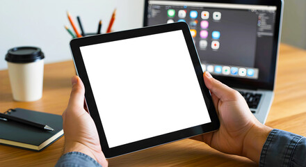 Fototapeta premium Person Holding a Tablet with Blank White Screen in a Modern Workspace