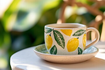 Fototapeta premium ceramic cup with a hand-painted lemon design, sitting on a matching saucer. The cup is filled with a warm beverage