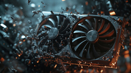 Close-up of a graphics card, black with metallic accents, surrounded by debris, suggesting power, speed, and high performance.  A dynamic, technological image ideal for gaming or tech websites.