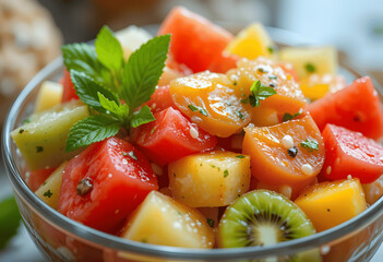 A refreshing mix of tropical fruits in a glass bowl, drizzled with honey and garnished with mint leaves.