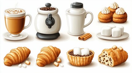 Collection of coffee and pastry illustrations, digital art, isolated elements