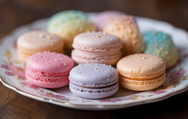 Fototapeta premium A beautifully arranged selection of macarons with soft lighting and a floral plate.