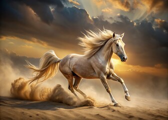Majestic Palomino Horse Galloping Desert Storm - Stock Photo
