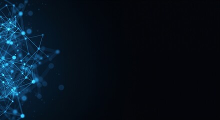 Digital connections represented by a network of blue nodes and lines against a dark background conveying innovation and technology