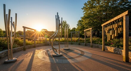 Musical Garden Sunset Metal Tubular Bells and Gongs Outdoor Public Art