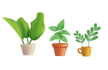Cute Potted plants, ceramic pots, cups and different indoor types of plants 3D set. House Plants set. Hygge style. Isolated on white background. Horizontal 3D vector illustration