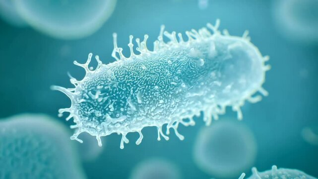 Abstract close up of bacteria, under microscope, larva, microorganism, protozoa in water, blue, microbiology 