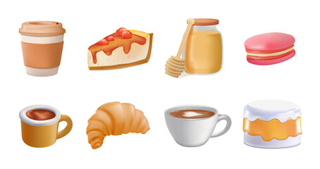 Pastry beverage 3d icons set. Tea or filter cup, take away and cappuccino. Croissants and cookies, sweets like cheesecake, honey, croissant and cake . Bakery shop cartoon vector set