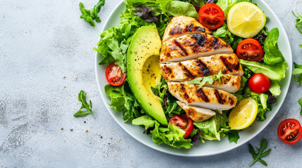 A balanced meal featuring grilled chicken fillet, avocado, and fresh salad, providing a perfect mix of proteins, fats, and carbohydrates, presented in a top-view format on a white background