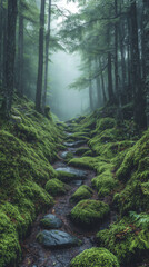 Obraz premium photo of a dark forest with mossy rocks and tall trees, mist in the air,