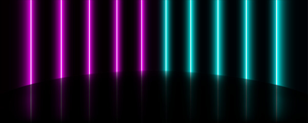 Blue and pink neon light lines on stage, dark studio background, laser backdrop for party, event, modern horizontal podium floor reflection light for product display. Art & Illustration.