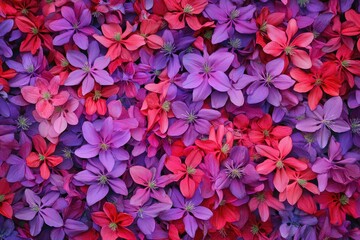 Vibrant columbine flowers bloom in a greenhouse, showcasing intricate patterns in purple and red hues. Generative AI