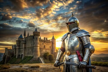 Medieval Knight in Full Armor Before Stone Castle - Epic Fantasy Stock Photo