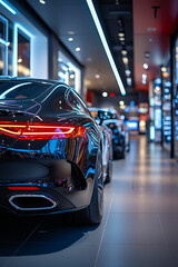 A row of cars parked in a car showroom at night
